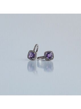 Sterling Silver Purple Amethyst White Topaz Leverback Earrings Cushion Cut